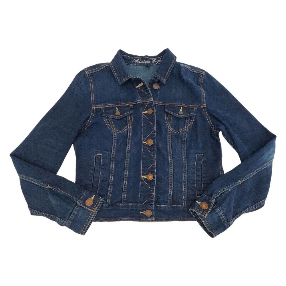 American Eagle Jean Jacket Women's Size L Button Up Dark Wash Blue Denim AEO